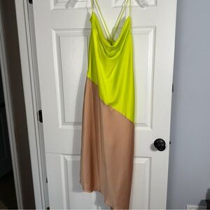 Cushnie x Target two tone slip dress, chartreuse/taupe, cowl neck, sz 8